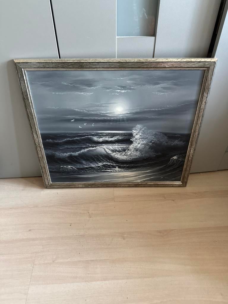Schilderij: Zeegezicht met golven en maanlicht (66x56 cm), Ophalen