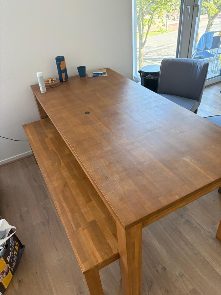 Houten eettafel met bankje, Gebruikt, Eikenhout, 150 tot 200 cm, Rechthoekig