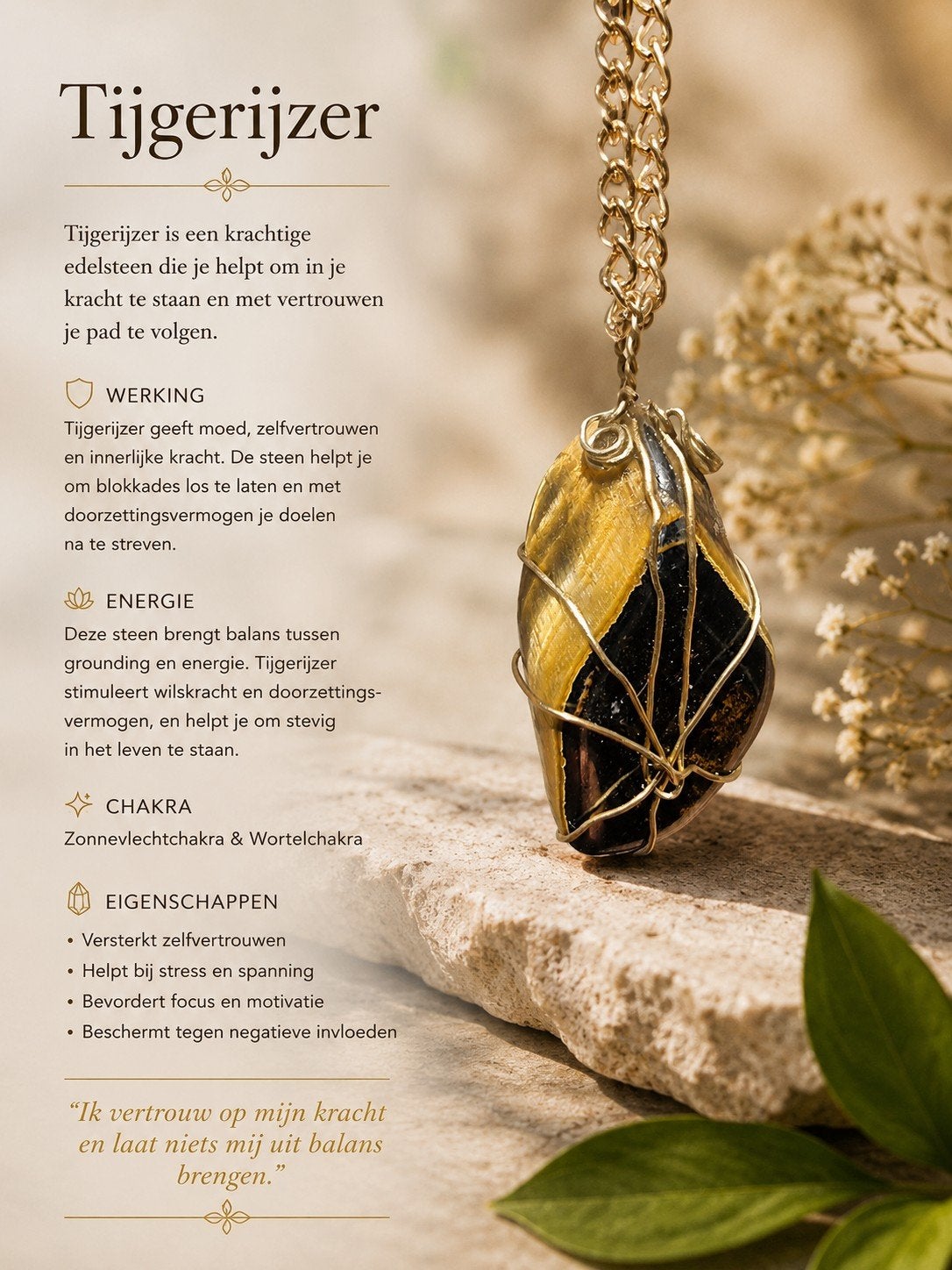 Tijgeroog hanger met ketting - aanpasbare lengte, Sieraden, Tassen en Uiterlijk, Kettingen, Bruin, Nieuw, Ophalen of Verzenden