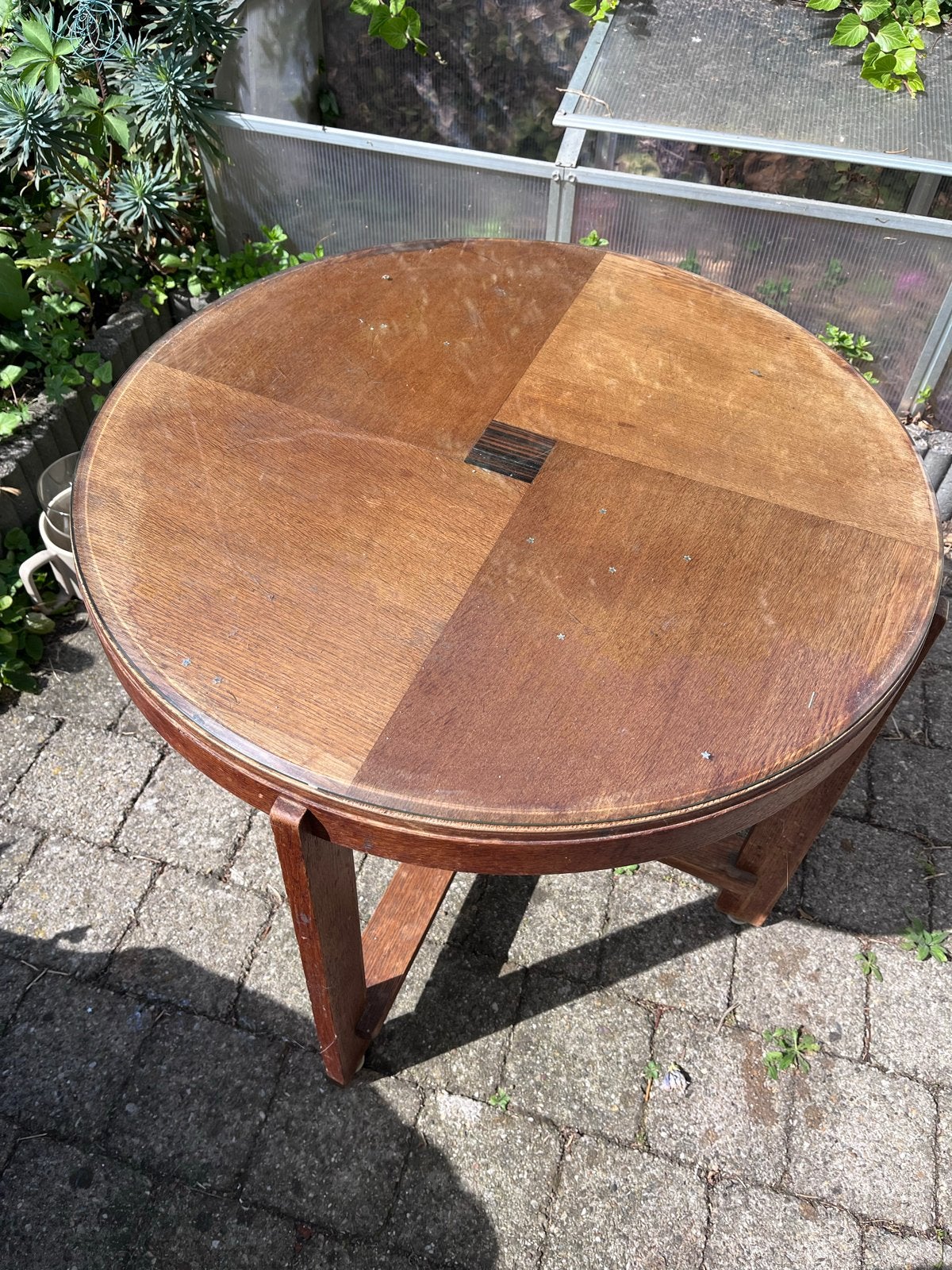 Ronde houten bijzettafel met glasplaat - 57x69 cm, Huis en Inrichting, Gebruikt, Rond, Hout, Ophalen