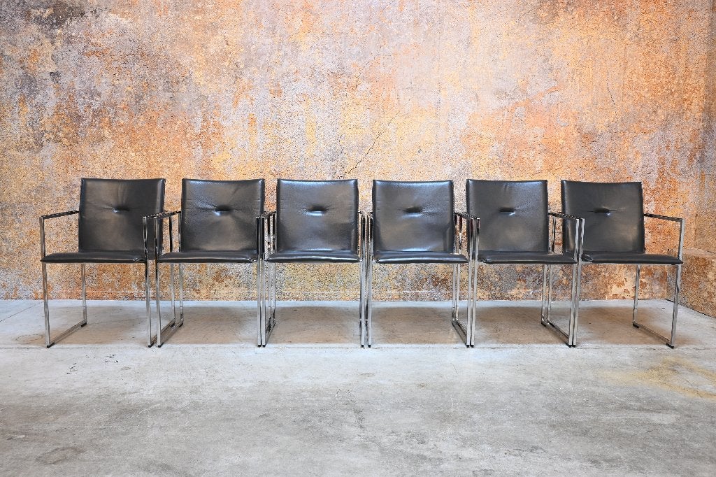 ZGAN 6 grijze leren Arco Frame design stoelen, Huis en Inrichting, Arco, Ophalen of Verzenden, Zo goed als nieuw, Grijs