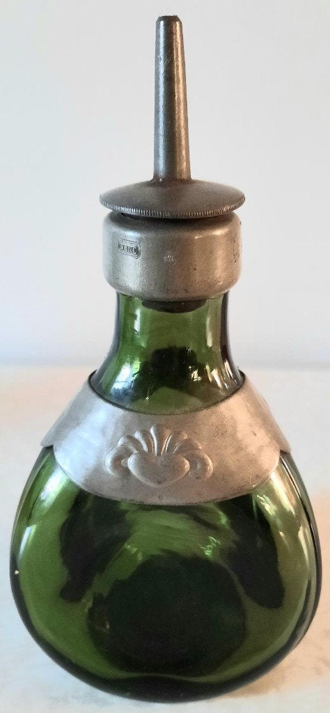 Art-Deco groen glazen elixerflesje-karafje tin beslag, Ophalen of Verzenden