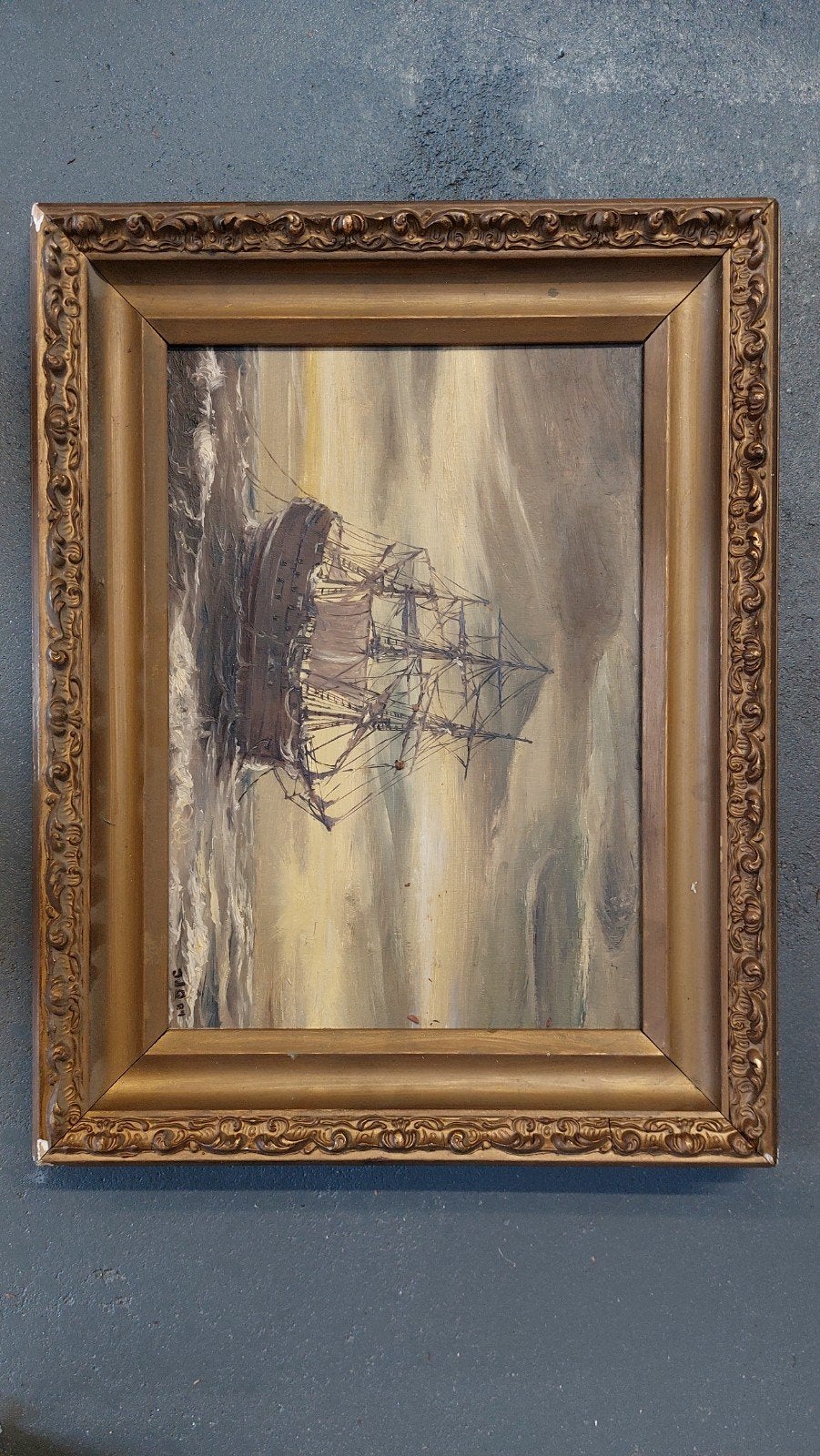 Olieverfschilderij: Zeilschip op woelige zee, gesigneerd, Antiek en Kunst, Kunst | Schilderijen | Klassiek, Ophalen of Verzenden