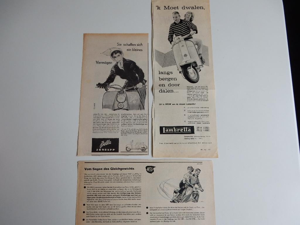Lambretta/Zundapp Bella/NSU scooter recl. uit tijdschriften., Ophalen of Verzenden, 1940 tot 1960, Nederland, Knipsel(s)