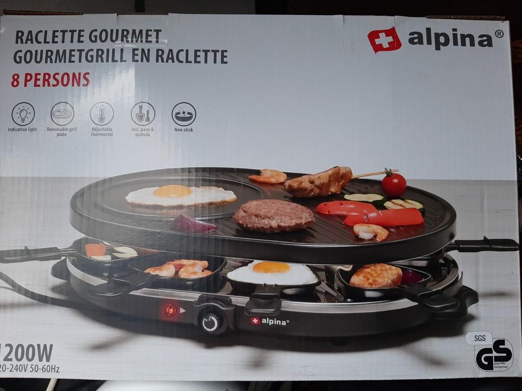 Nieuw Alpina Raclette Gourmet Grill - 8 Personen, 1200W, Ophalen, Nieuw, 8 personen of meer