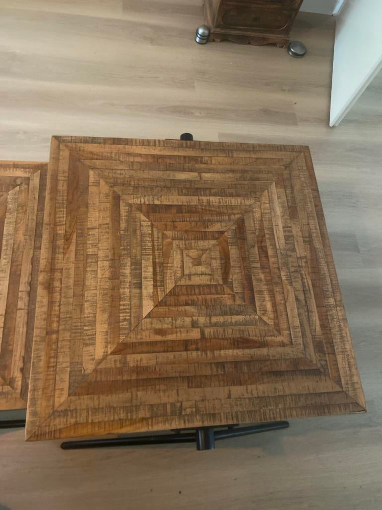 Set van 2 mango houten salontafels, vierkant, Huis en Inrichting, Tafels | Salontafels, Gebruikt, Minder dan 50 cm, 50 tot 100 cm