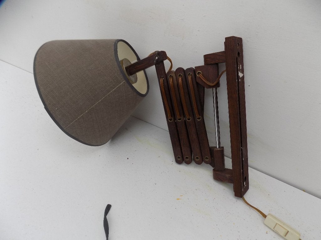 Vintage schaarlamp wandlamp jaren 60 wenge kleur, Ophalen of Verzenden, Gebruikt, Hout