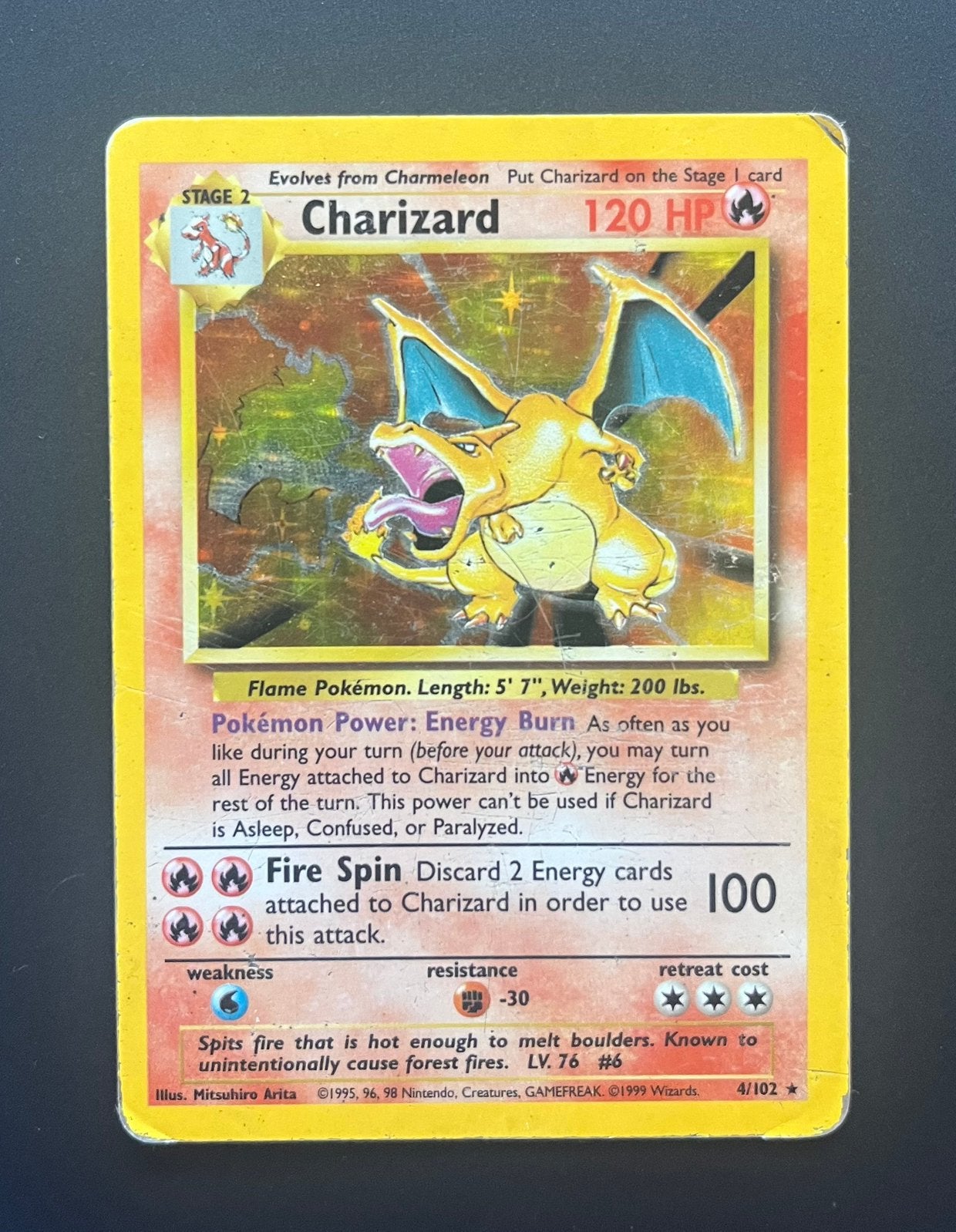 Charizard Holo - Base Set 4/102 - Engels (Heavily Played), Ophalen of Verzenden, Gebruikt, Losse kaart, Foil
