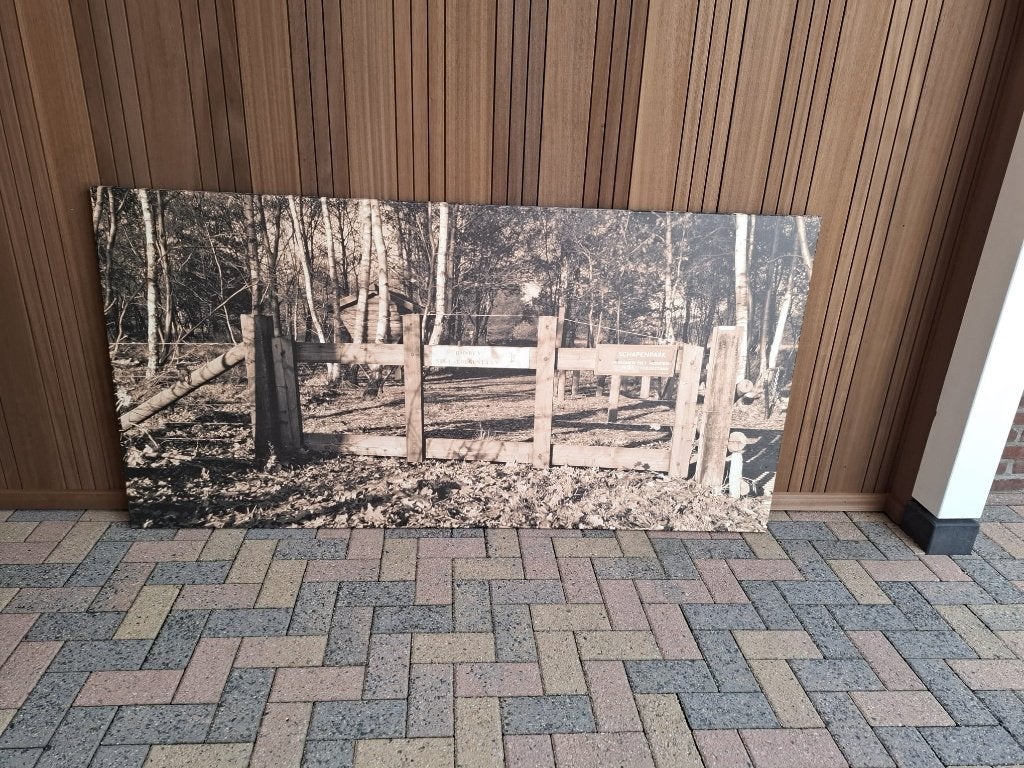 Schilderij Canvas Bos met hek 200 cm lang 100 cm hoog, Ophalen, 125 cm of meer, Zo goed als nieuw, Schilderij