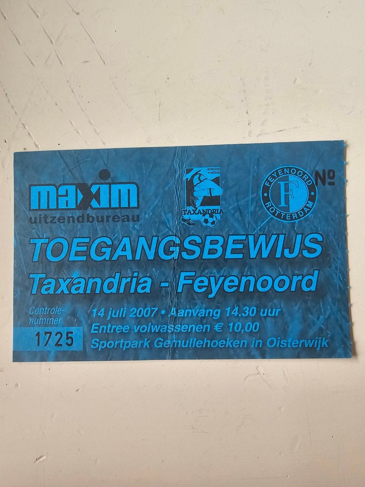 kaartje taxandria-feyenoord 14 juli 2007, Verzenden, Feyenoord, Poster, Plaatje of Sticker
