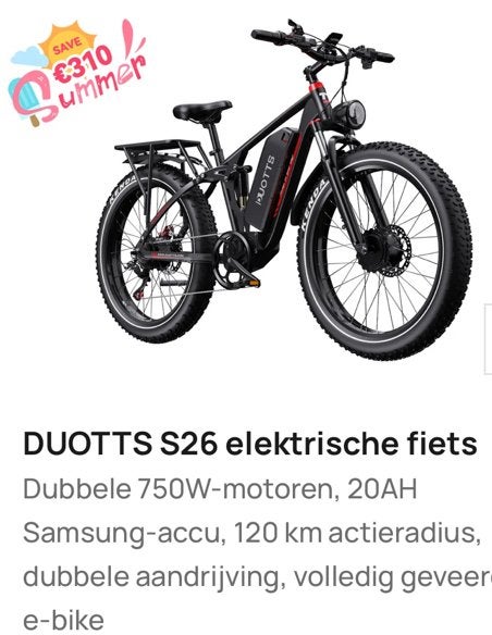 DUOTTS S26 Elektrische Fiets - Dubbele Motor, 120km Actierad, Zo goed als nieuw, 51 tot 55 cm, 50 km per accu of meer, Ophalen