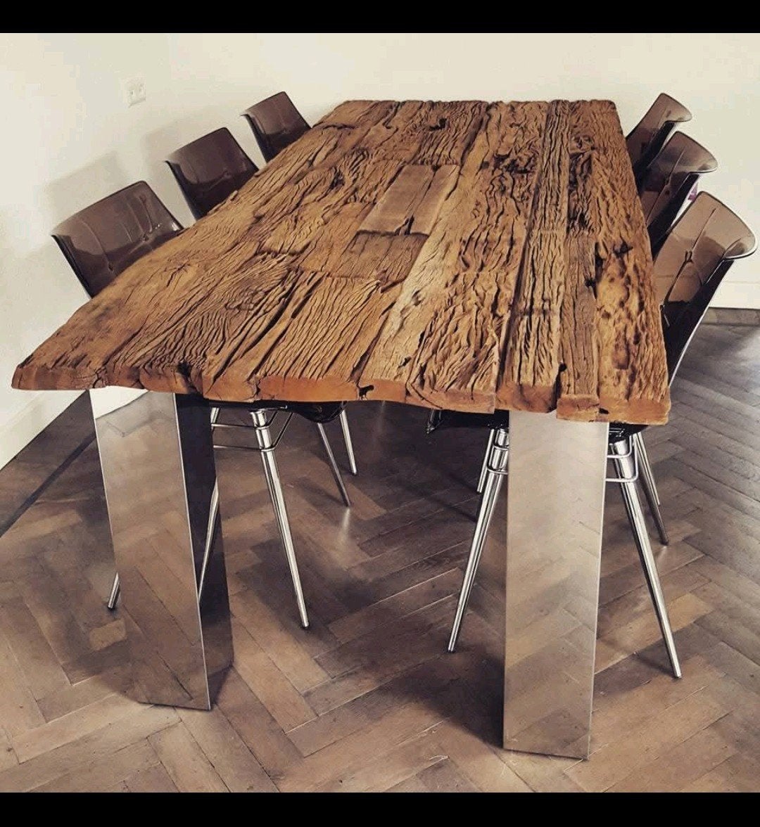 Robuuste eettafel van oud hout met metalen poten, Ophalen, Rofra eichholtz, 200 cm of meer, 50 tot 100 cm