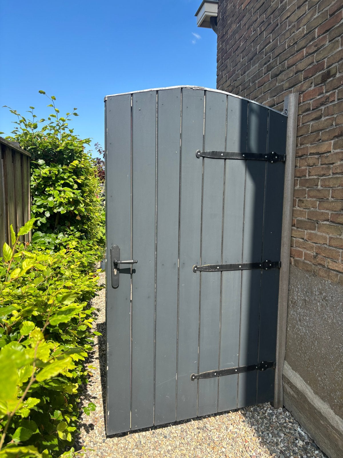Houten tuinpoort - Grijs geverfd met metalen beslag, Met poort, Gebruikt, Ophalen of Verzenden, Tuinhek