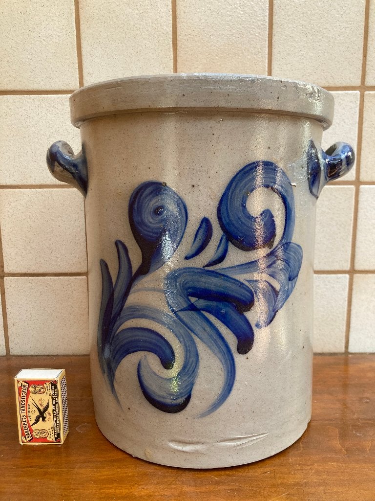 Grote stenen kobaltblauw floraal Keulse pot zoutgeglazuurd, Ophalen of Verzenden