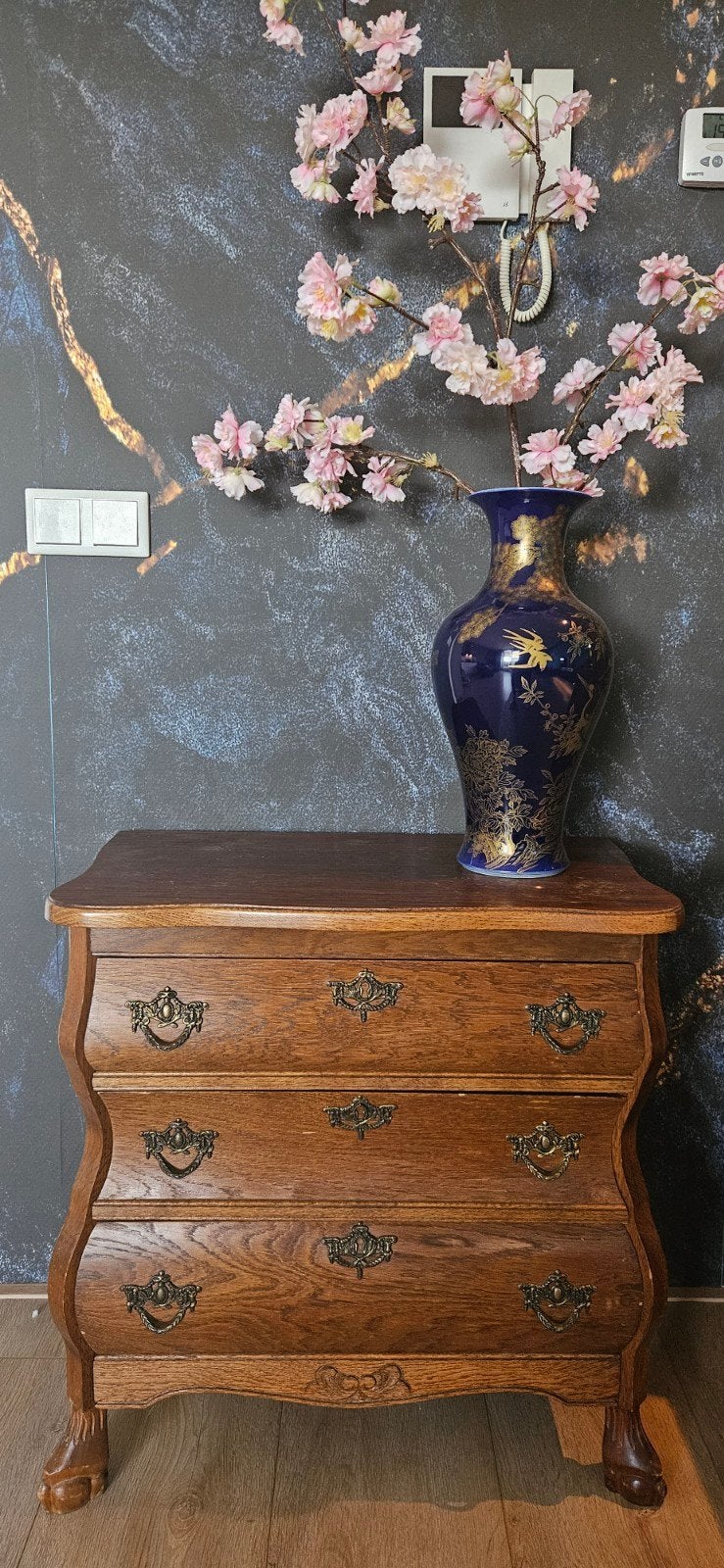 Vintage buikkastje met 3 laden - massief hout, Ophalen
