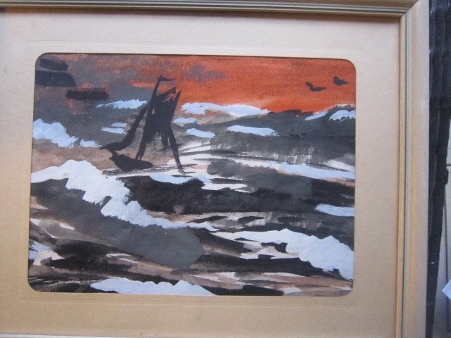 Leuk modern schilderijtje Bootje in de golven, Ophalen, Aquarel, Maritiem / water, Papier