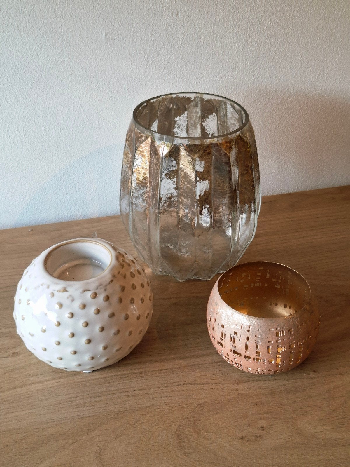 Leuke set van 3 waxinelichthouders metaal glas & keramiek, Overige materialen, Waxinelichthouder, Ophalen of Verzenden, Zo goed als nieuw
