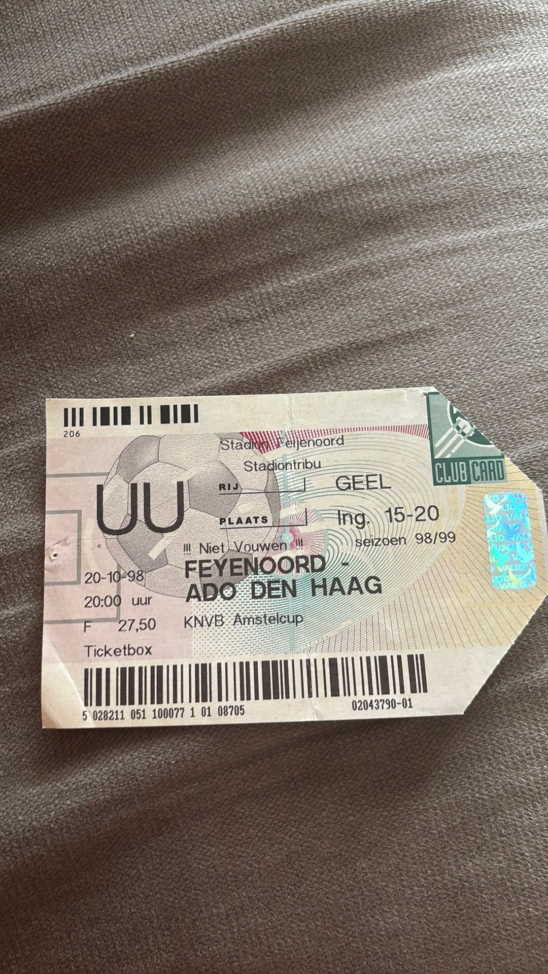 Oud stadionticket Feyenoord ado den haag 1998, Ophalen of Verzenden, Zo goed als nieuw, Feyenoord