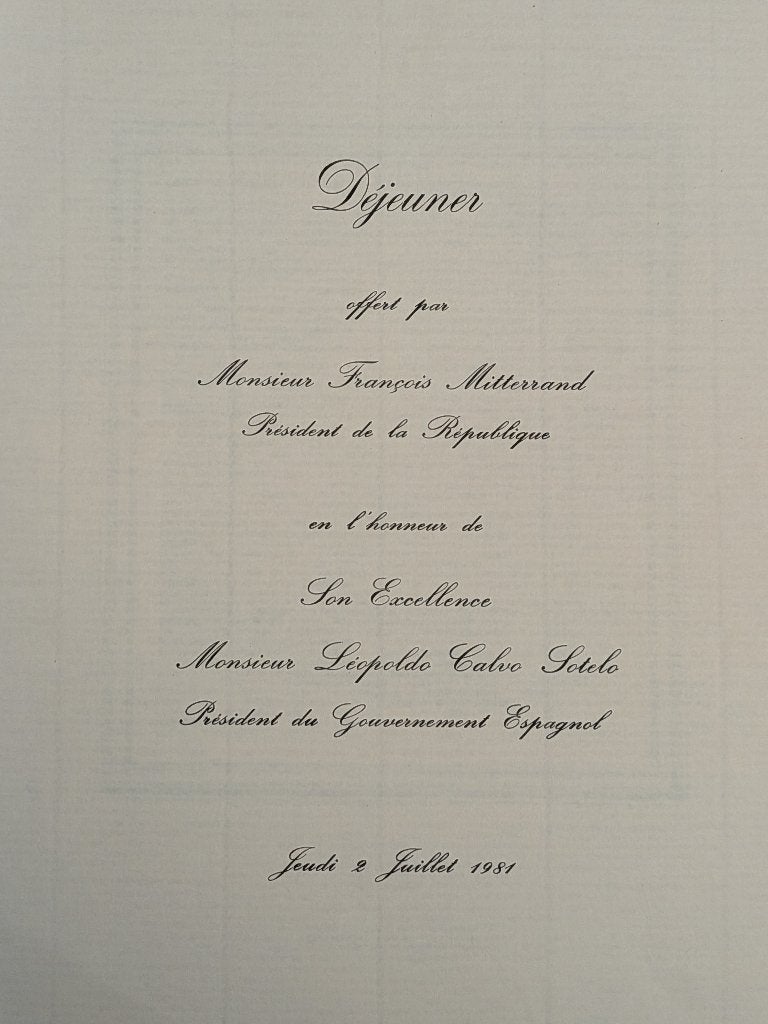 Menukaart staatslunch Elysée, President François Mitterand, Ophalen of Verzenden, Zo goed als nieuw, Overige typen