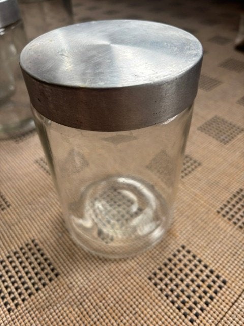 12 glazen potten, Huis en Inrichting, Keuken | Potten en Pannen, Ophalen, Gebruikt, Met deksel, Pot, Bus of Blik