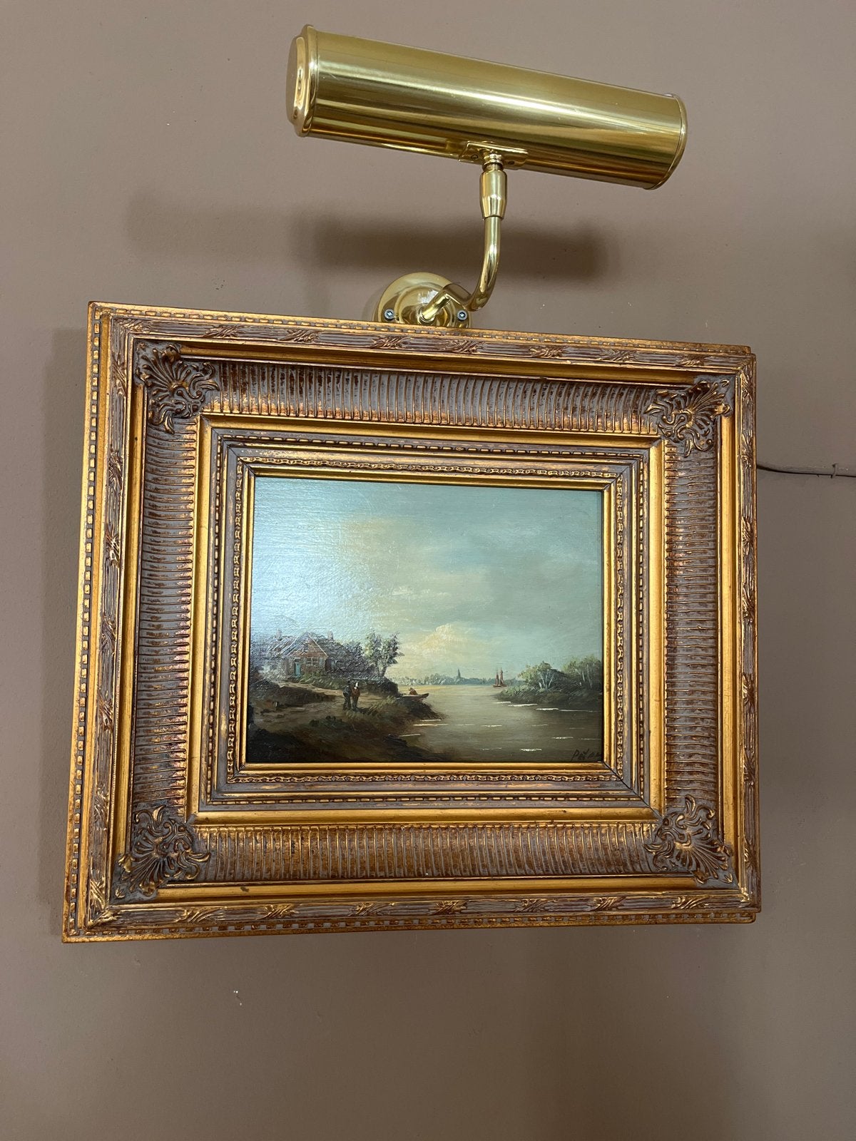 Klassiek Hollands Rivierlandschap - Olieverf Schilderij, Antiek en Kunst, Ophalen, Doek, Bijzondere lijst, Landschap