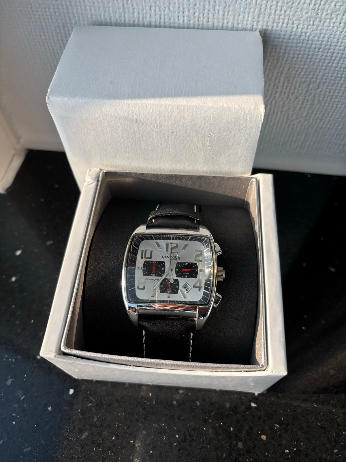 Vendoux Chronograph Herenhorloge - Zwart Leer, RVS Kast, Overige merken, Staal, Verzenden, Polshorloge