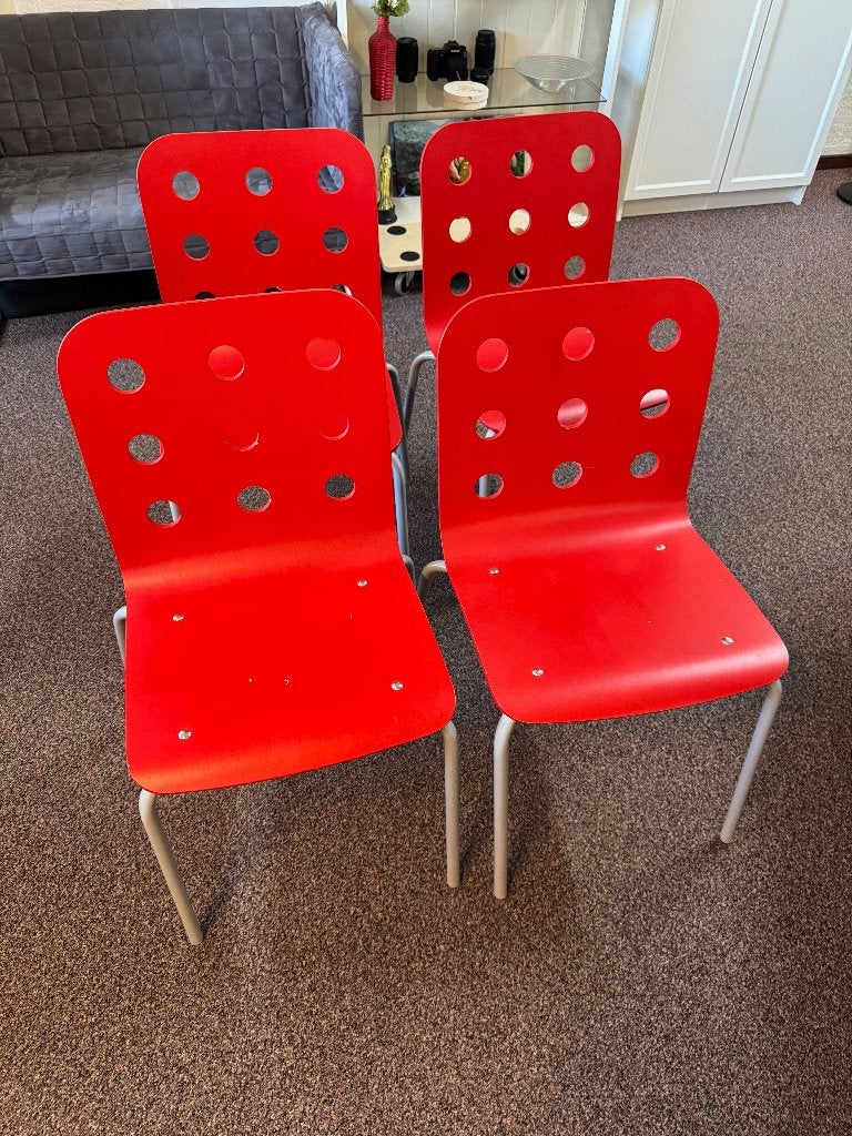 4 rode IKEA stoelen / eetkamerstoelen, Huis en Inrichting, Stoelen, Ophalen, Gebruikt, Vier, Rood