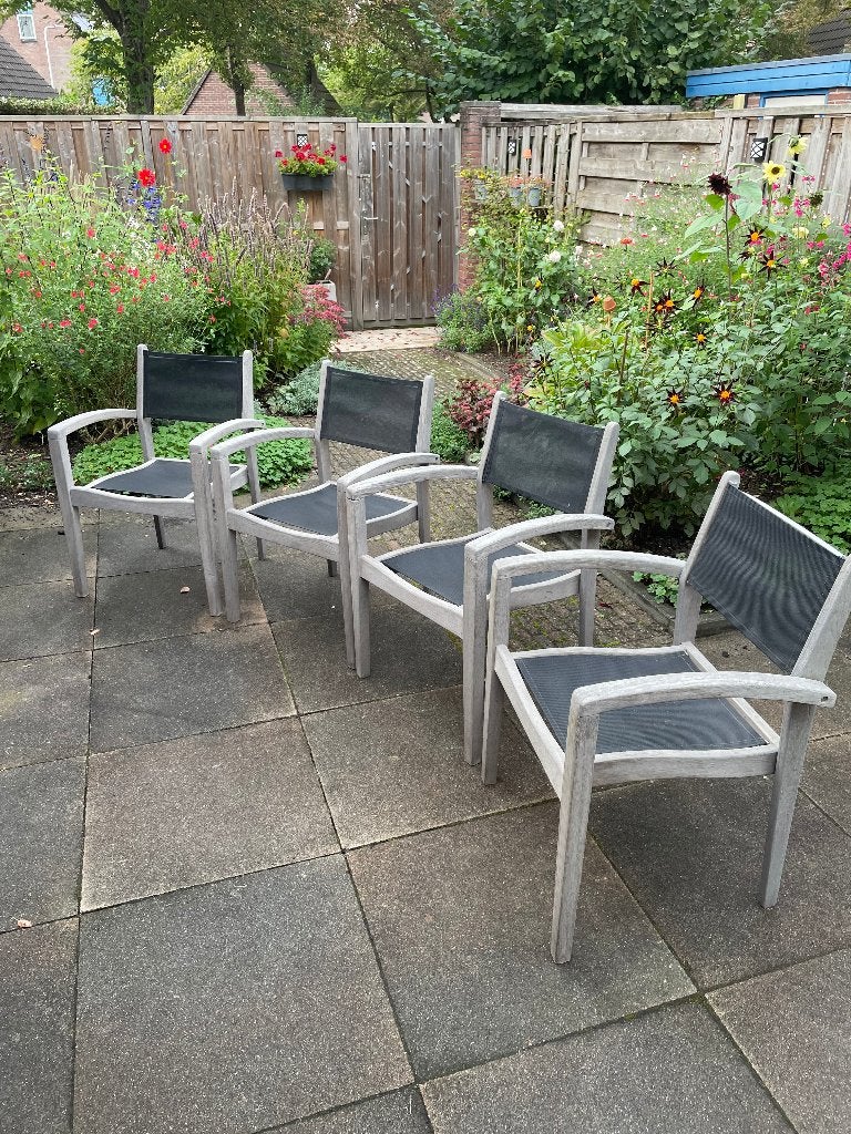 Set van 4 Exotan tuinstoelen - Teakhout en Textileen, Ophalen, Gebruikt, Teakhout, Stapelbaar