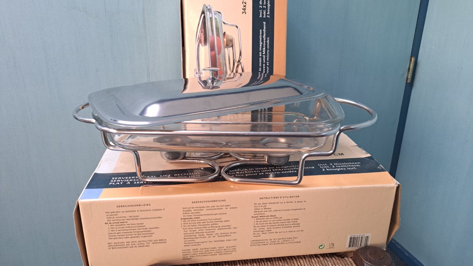 Twee warmhoudschalen met rechaud - ideaal voor buffet, Huis en Inrichting, Ophalen, Zo goed als nieuw, Glas, Zilver