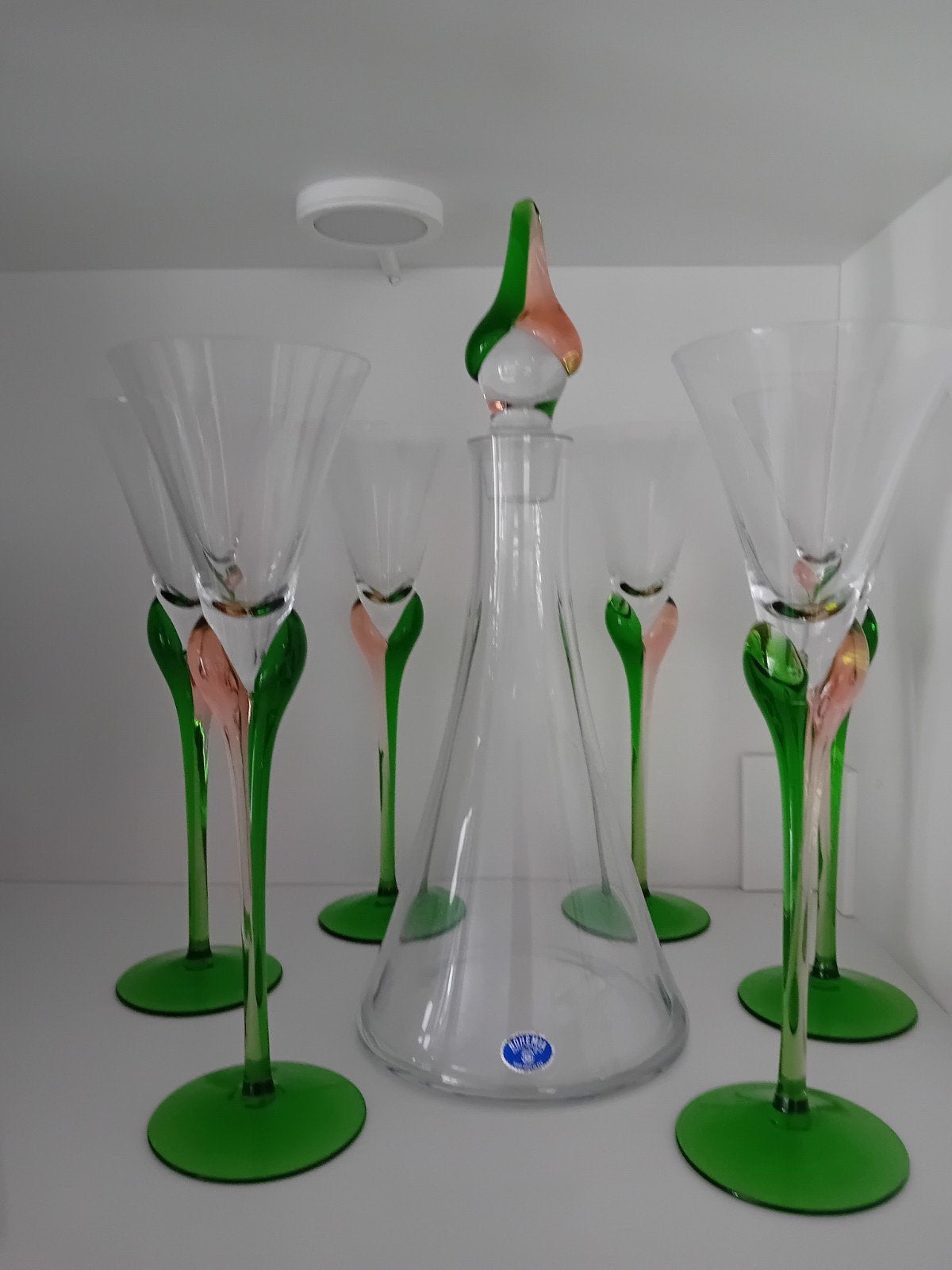 Bohemia Kristallen Karaf met 6 Glazen - Groen/Roze, Antiek en Kunst, Antiek | Glas en Kristal, Ophalen of Verzenden