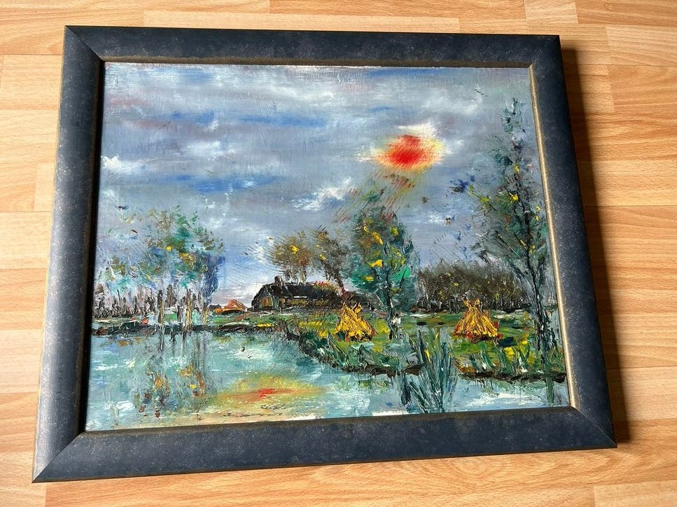Schilderij Olieverf Landschap met Water en Zonsondergang, Ophalen, Doek, Impressionistisch, Landschap