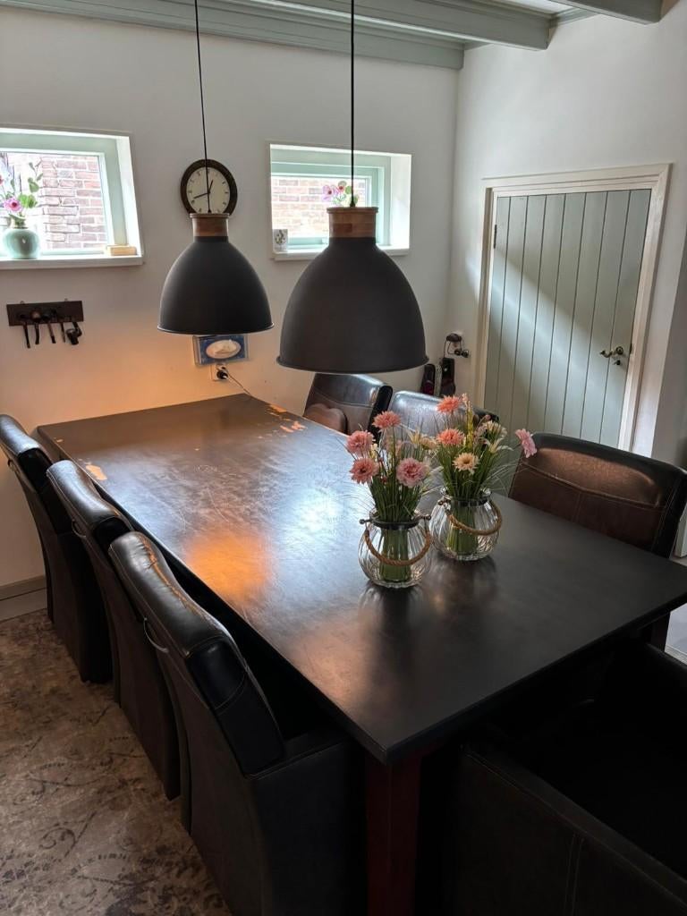Robuuste eettafel met 8 stoelen – Antraciet, Ophalen, Gebruikt, 200 cm of meer, 50 tot 100 cm