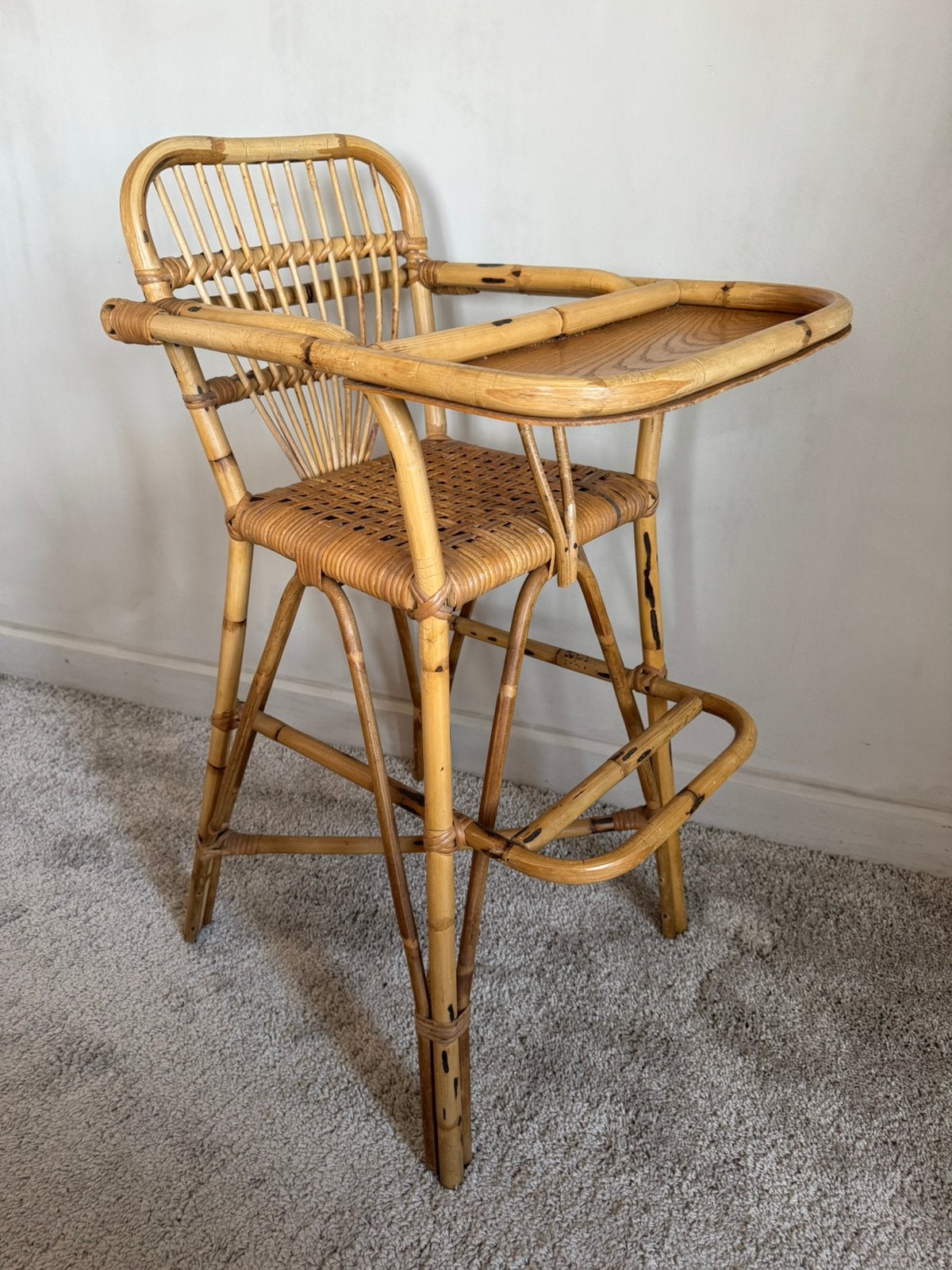 Unieke vintage bamboe kinderstoel in boho stijl!, Ophalen, Zo goed als nieuw, Overige typen