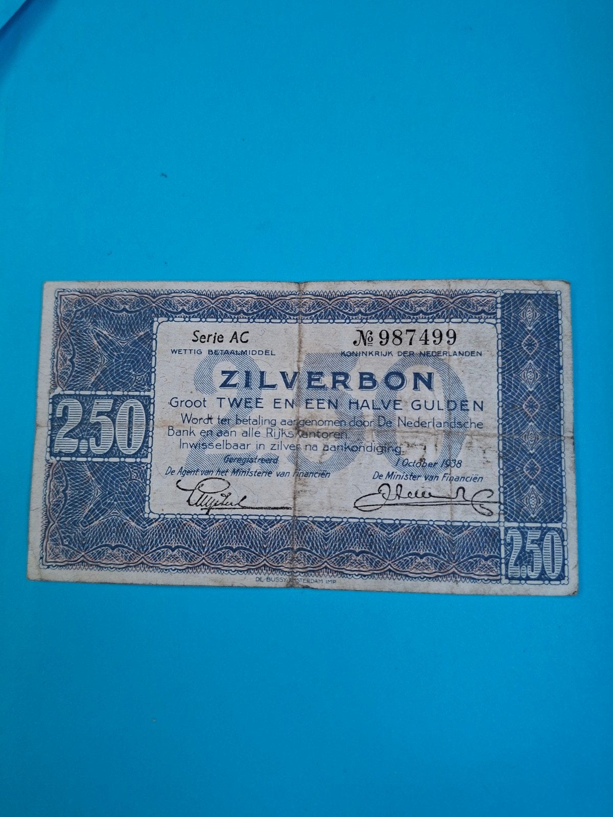 2.50 gulden  Zilverbon uit 1938
in ZF, Ophalen of Verzenden, 2½ gulden, Los biljet