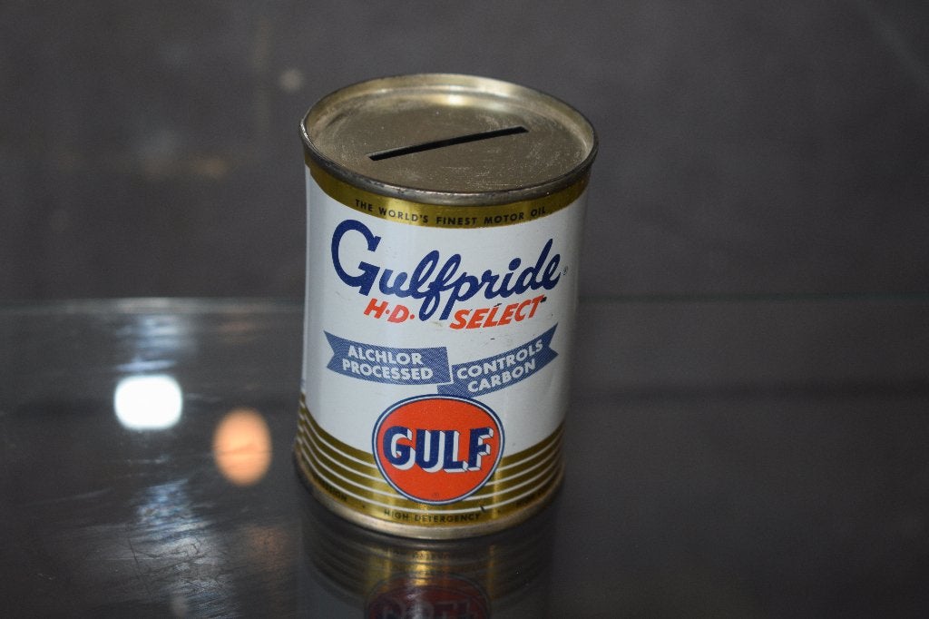oud Gulf olie blik Oil Can Spaarpot 1950 Gulfpride, Ophalen of Verzenden, Gebruikt, Reclamebord