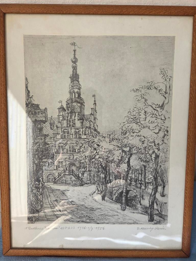 Oude Gravure Stadsgezicht Franeker, Antiek en Kunst, 1950 - 1999, Stadsgezicht, Ophalen of Verzenden, Gravure