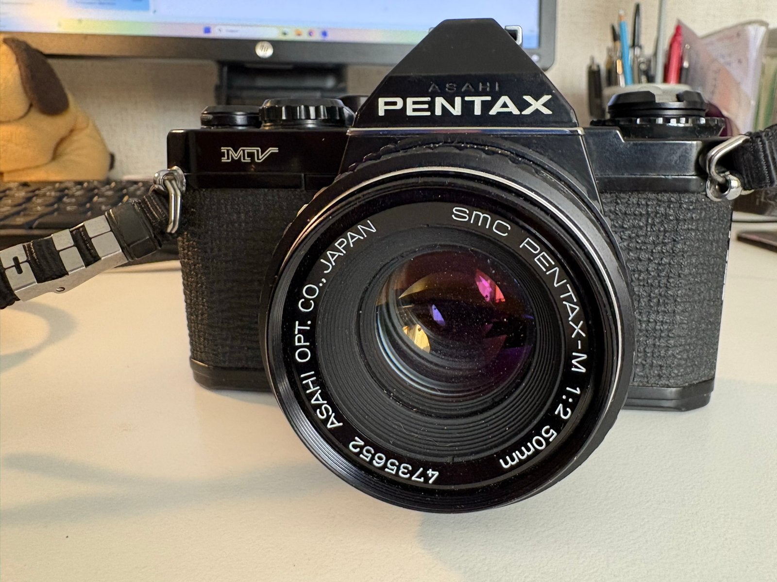 Pentax MV Spiegelreflexcamera met SMC Pentax-M 1:2 50mm lens, Ophalen of Verzenden, Gebruikt, Spiegelreflex, Pentax