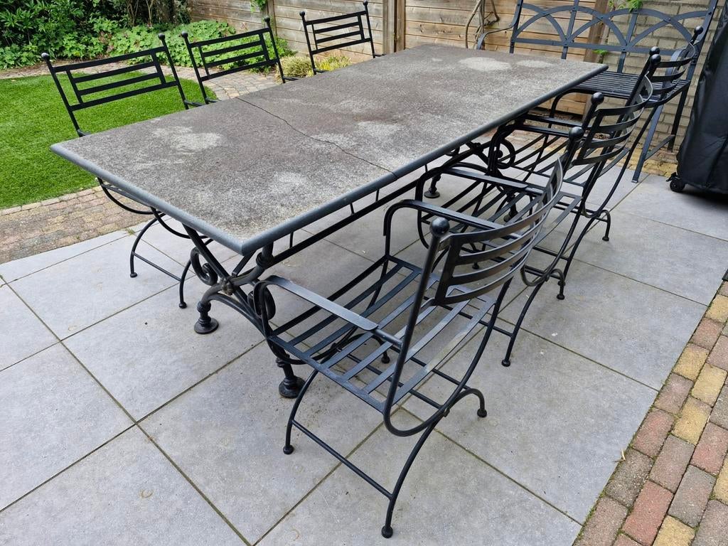 Vintage metalen tuinset met natuursteen blad, Tuin en Terras, Tuinsets en Loungesets, Ophalen, Overige materialen, Gebruikt, 6 zitplaatsen