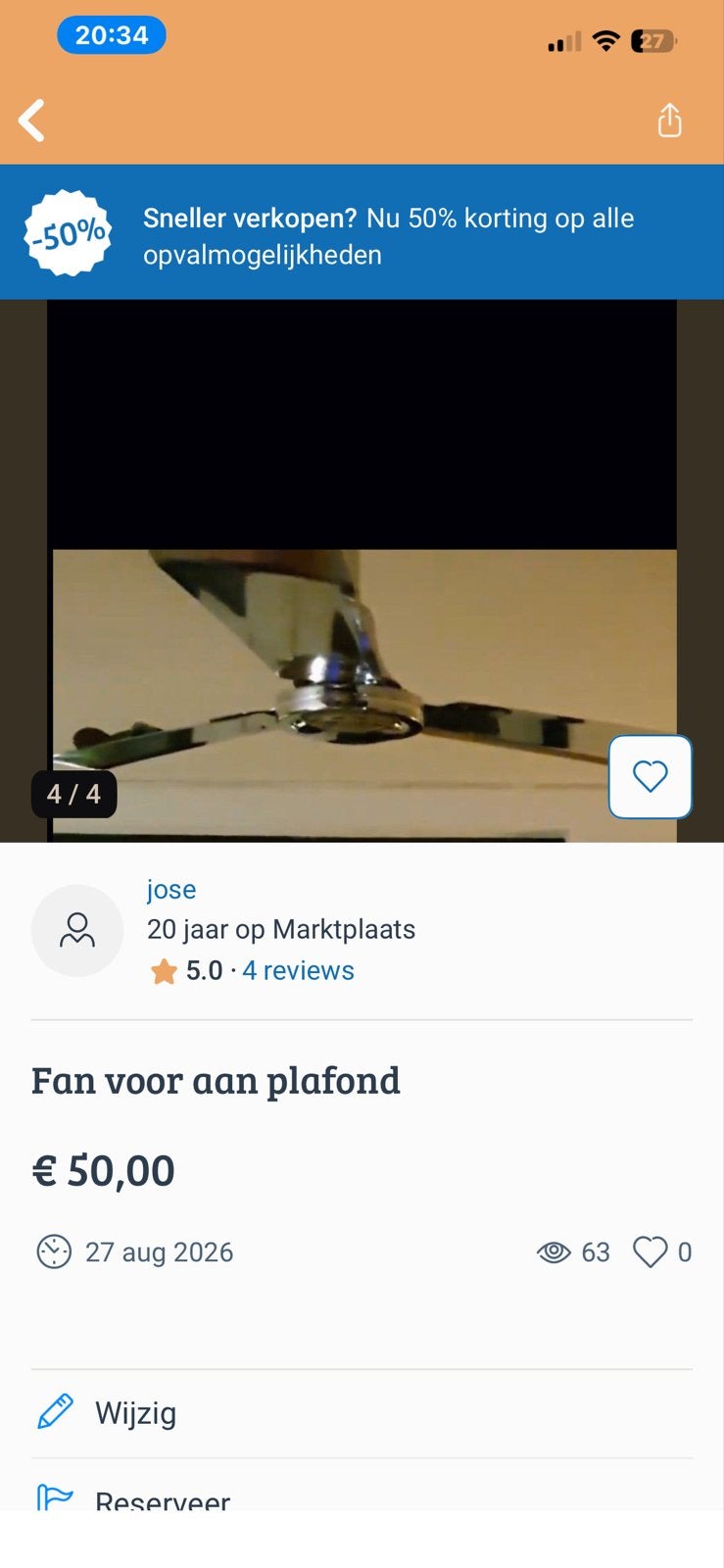 Gebruikte metalen plafondventilator, dimbaar voor de horeca, Ophalen, Gebruikt, Plafondventilator