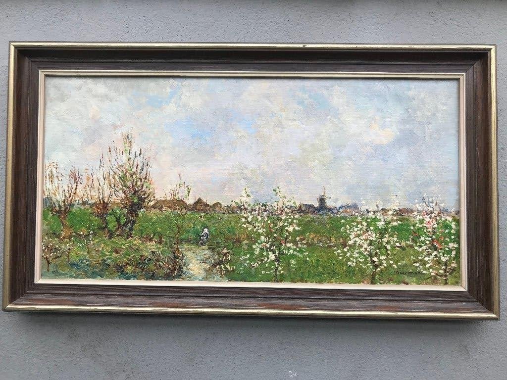 olieverf doek stads dorp gezicht landschap impressionistisch, Impressionistisch, Ophalen of Verzenden, Olieverf, Origineel werk