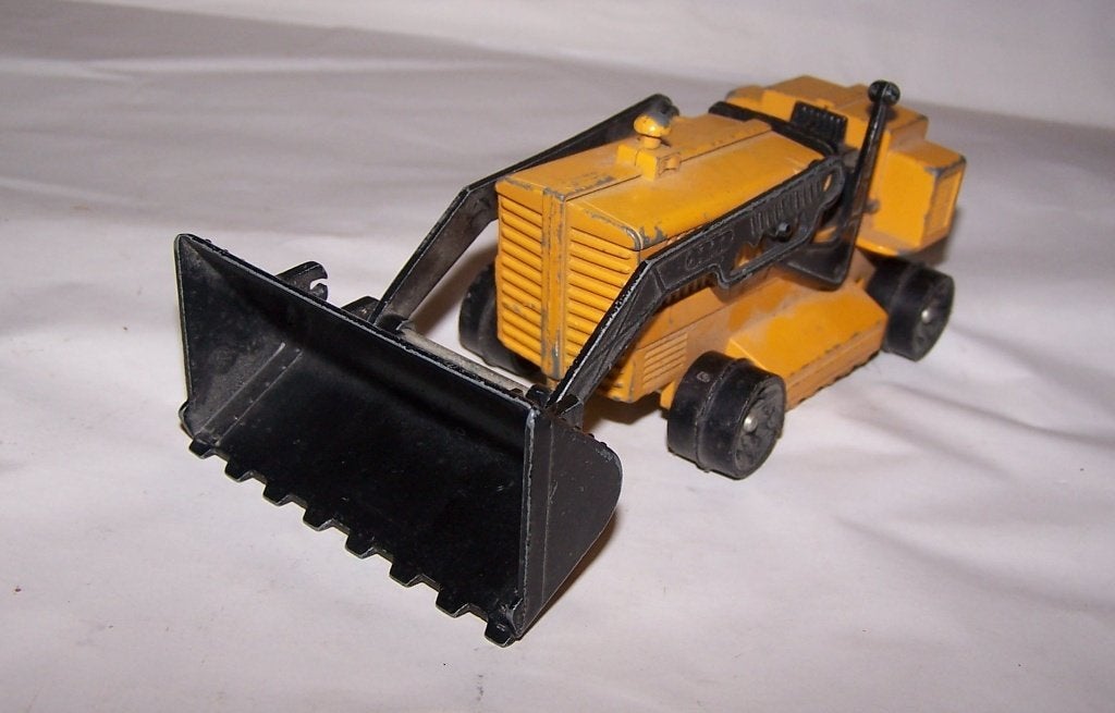Vintage Gele Metalen Speelgoed Bulldozer met Zwarte Schep., Antiek en Kunst, Antiek | Speelgoed, Ophalen of Verzenden