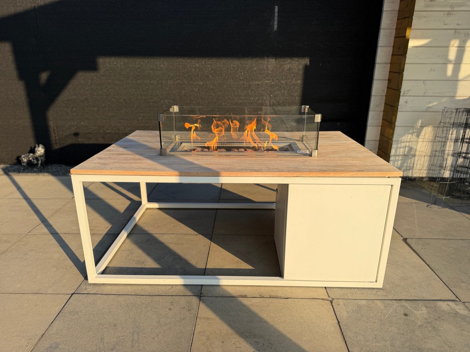Cosiloft Lounge Vuurtafel 120 cm - Wit / Teak, Ophalen, Zo goed als nieuw