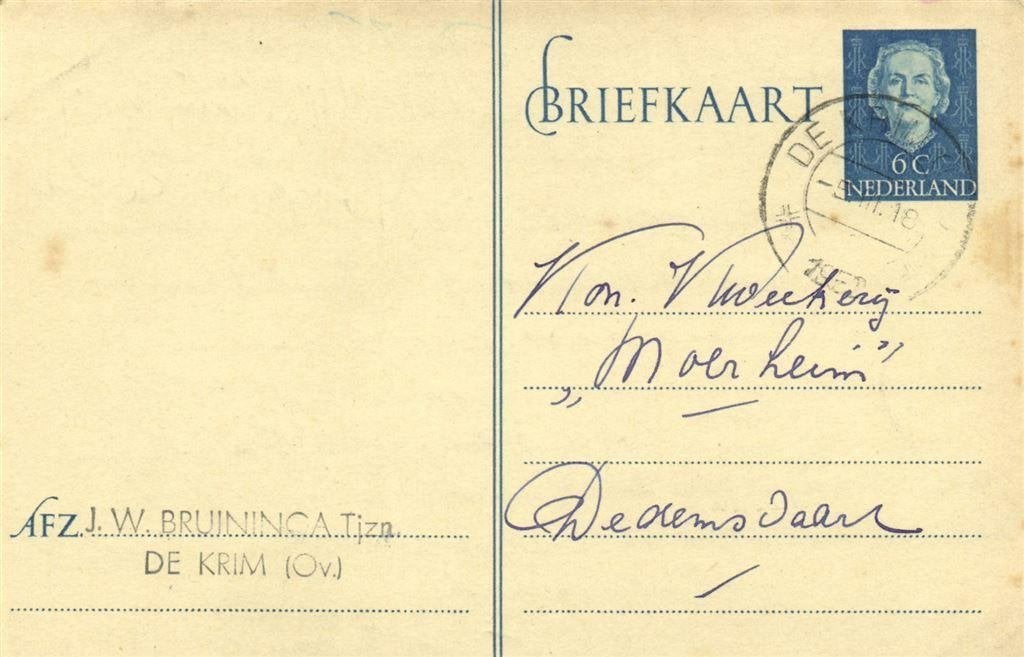 J.W. Bruininga Tjzn., De Krim [Ov.] - 03.1952 - briefkaart, Ophalen of Verzenden, Briefkaart