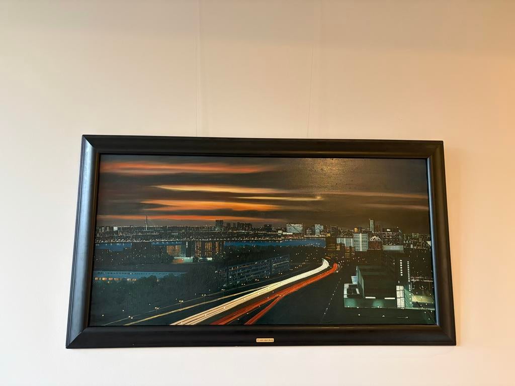 Schilderij Rotterdam bij Nacht, F.v.d. Burg, 2002, Ophalen of Verzenden