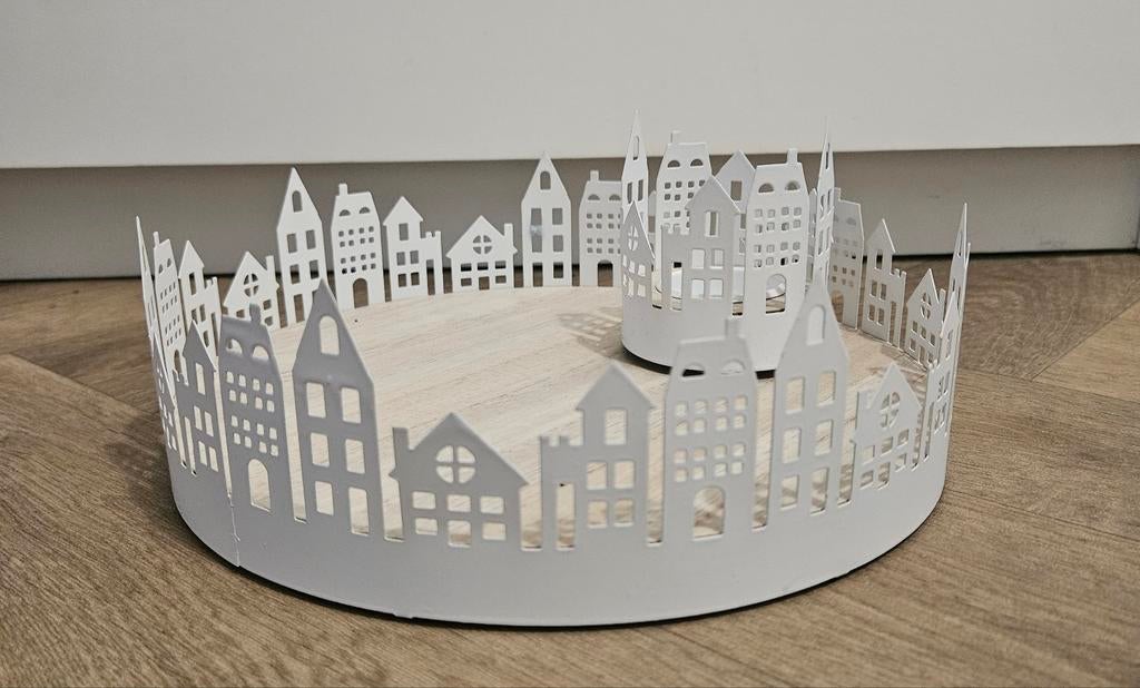 Plateau met Hollandse huisjes en kandelaar - Nieuw, Ophalen, Wit, Nieuw, Metaal