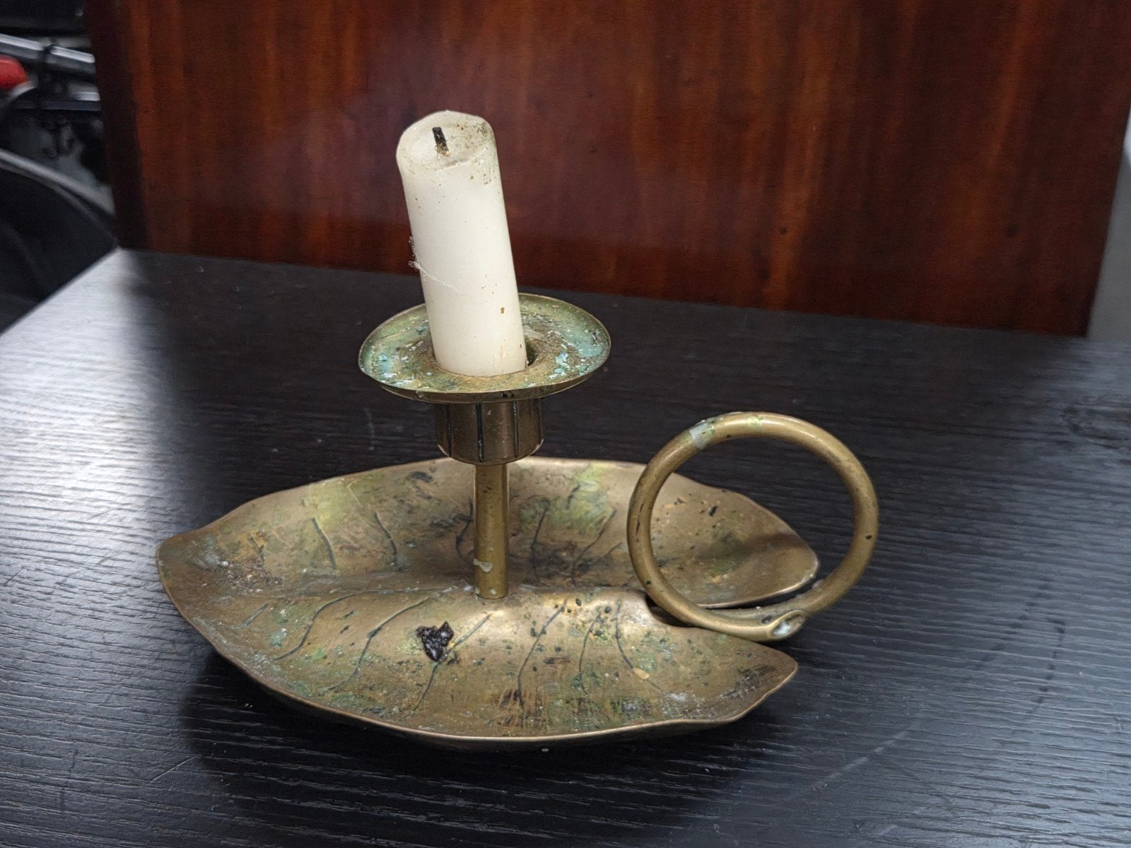 Vintage Koperen Kandelaar Bladvormig met Ring, Ophalen of Verzenden
