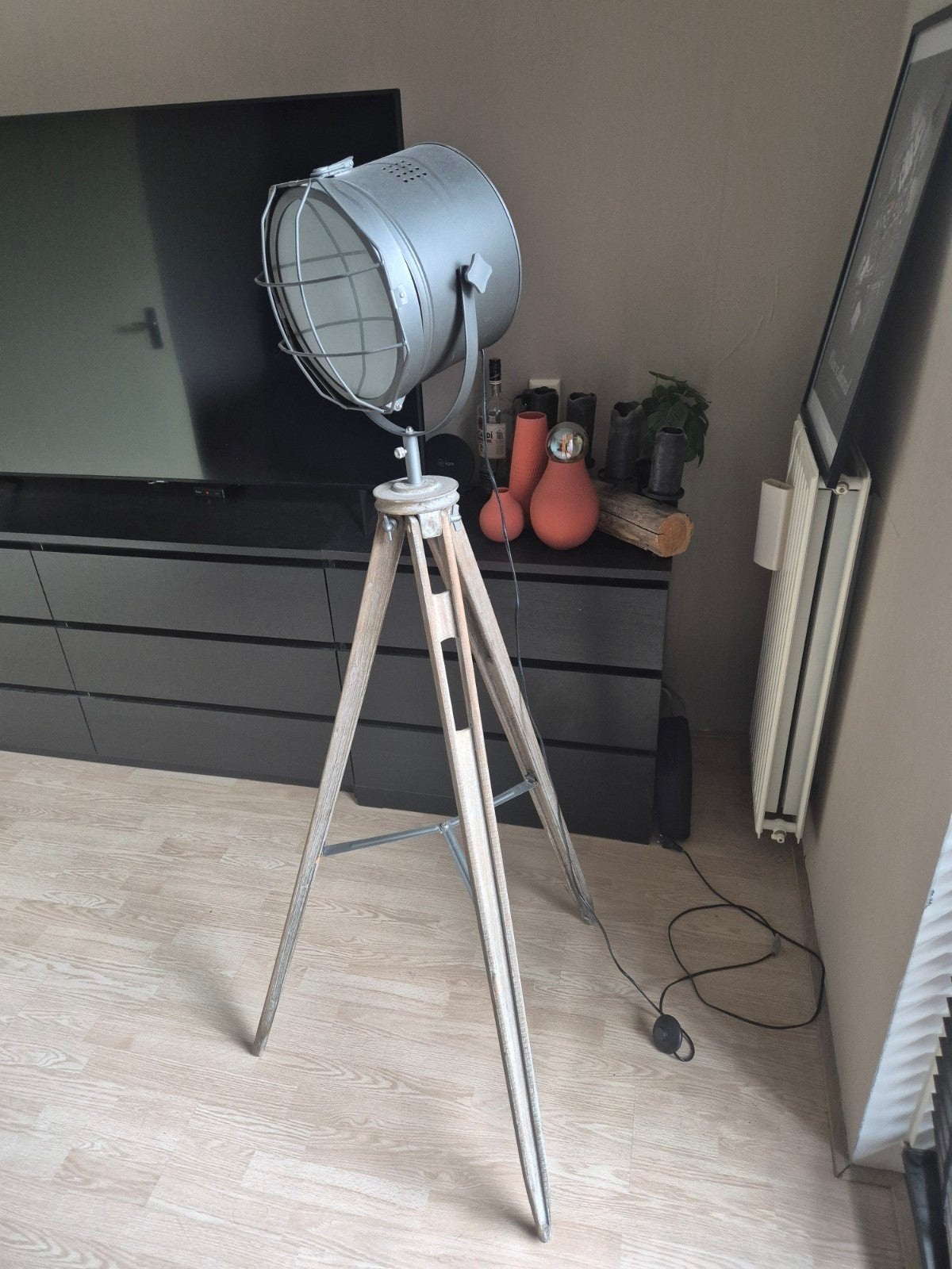Industriële staande lamp, Ophalen, E27 (groot), Zo goed als nieuw, Hout