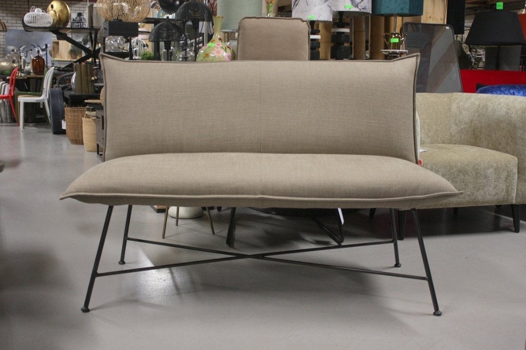 Luxe eetbank Vidar + 2 eetkamerstoelen Sanne Jess leer stof, Ophalen, Bruin, Leer, Zo goed als nieuw