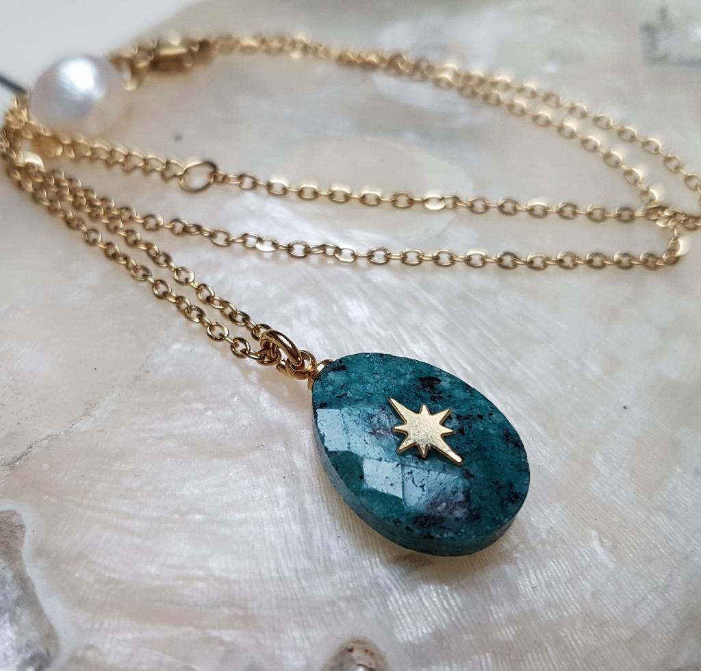 Natuursteen Ketting met Poolster Groen / Gold., Verstelbaar, Verzenden, Nieuw, Steen of Mineraal