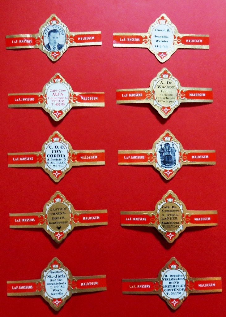 Sigarenbandjes Reclamebandjes L& F Janssens & Zn. 10x, Verzenden, Gebruikt, Sigarenbandjes
